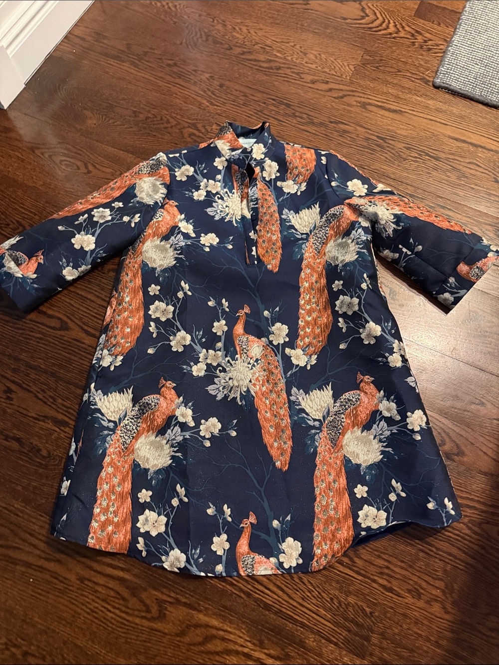 Tuckernuck Navy  dress with Orange Peacock Print